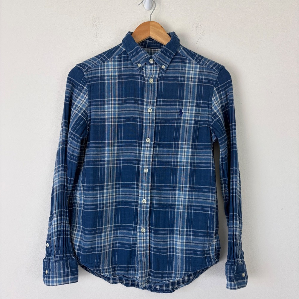 Polo Ralph Lauren Kids Girls 14-16 Large Blue Plaid Button Down Cotton Shirt